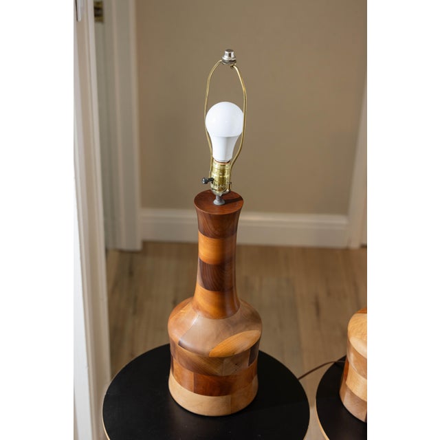 Vintage 1970s Segmented Wood Table Lamps in Walnut, Cherry, and Maple - A Pair For Sale In Sacramento - Image 6 of 14