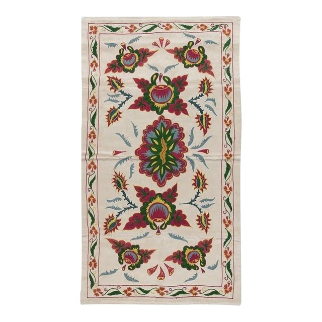 19"x34" Uzbek 100% Silk Flower & Pomegranate Design Embroidered Wall Hanging For Sale