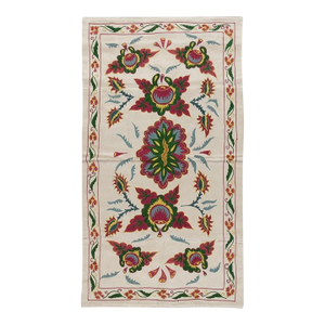 19"x34" Uzbek 100% Silk Flower & Pomegranate Design Embroidered Wall Hanging