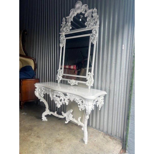 1950s 1950s Large White Lacquer Marble Top Console Table and Mirror French Style For Sale - Image 5 of 10