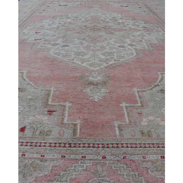 Turkish Vintage Oushak Rug With Geometric Design With a Soft Coral Color 7'8 X 13'5 For Sale - Image 4 of 12