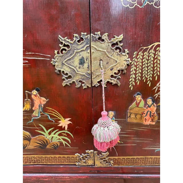 Antique Asian Oxblood Red Cabinet With Green Interior For Sale - Image 11 of 18