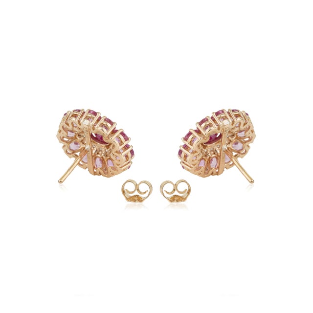 6.55ct Ruby Pink Sapphire & Diamond Cluster Victorian Stud Earrings in 14k Gold- A Pair For Sale - Image 9 of 14
