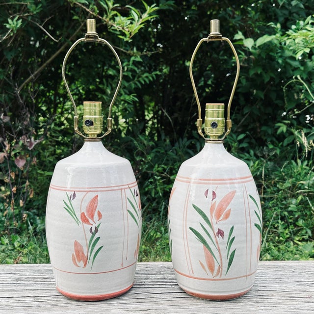 Hand Painted Floral Stoneware Table Lamps by California Ceramic Designers Inc. - a Pair For Sale - Image 10 of 10