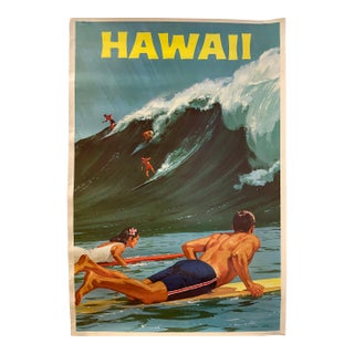 Vintage Surfing Travel Hawaii Poster by Chas Allen, c.1958 For Sale
