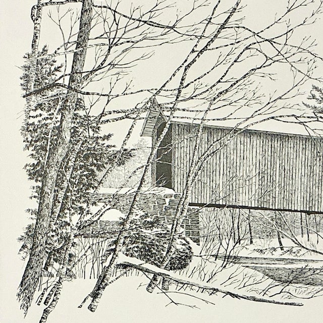 Mid-Century Americana Rustic Lithograph From Pencil Drawing, Covered Bridge Framed. For Sale - Image 10 of 13