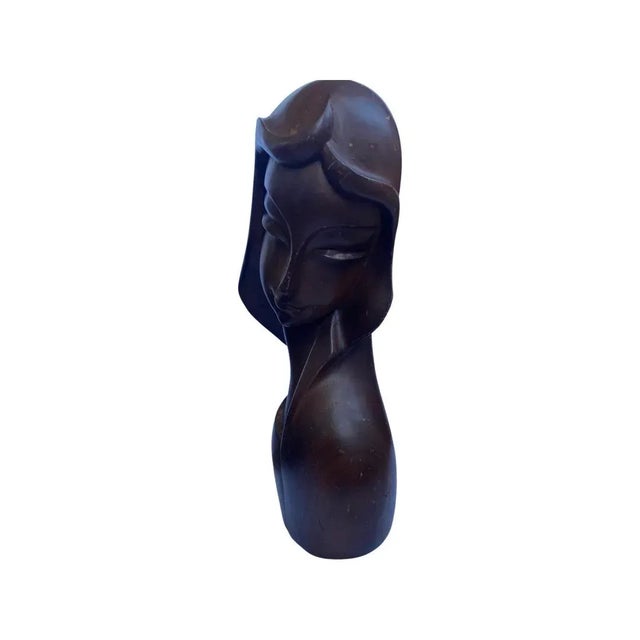 Mid-Century Modern Mid 20th Century Art Deco Style Carved Wood Bust of a Lady For Sale - Image 3 of 9