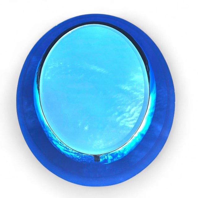Glass Mid 20th Century Rare Cristal Arte Italian Dual-Tone Mirror – Clear Beveled Oval With Blue Mirrored Border For Sale - Image 7 of 14