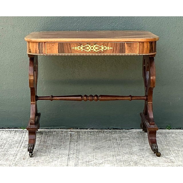 Vintage Wood and Brass Inlaid Side Table For Sale - Image 4 of 12