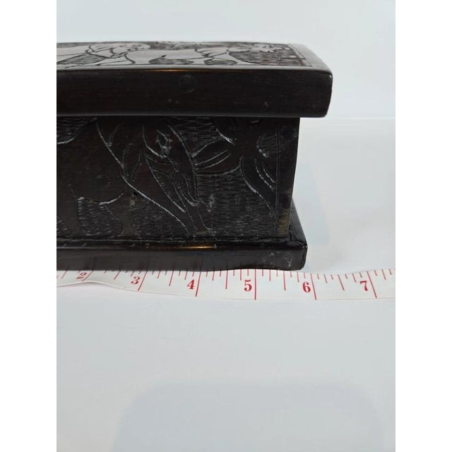 Wood Vintage Hand-Carved Dark Wood Elephant Trinket Jewelry Box Hinged Safari Decor For Sale - Image 7 of 18