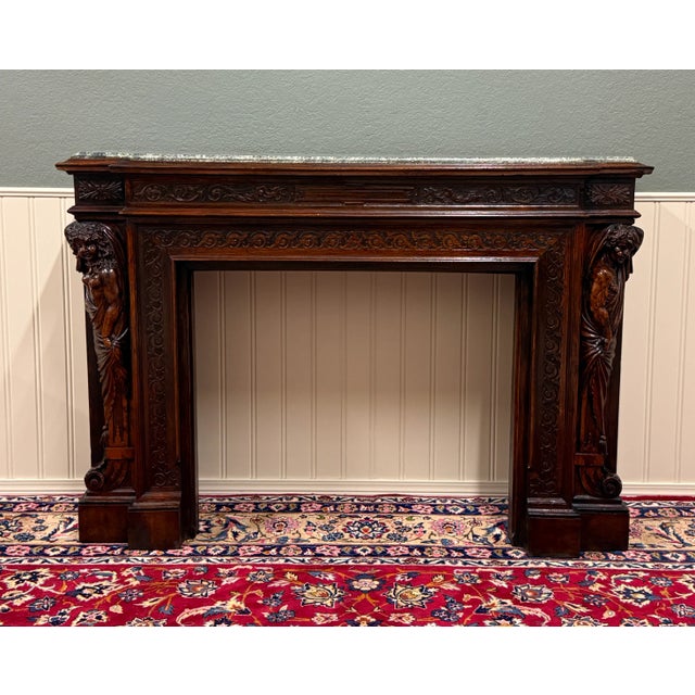 Traditional Antique French Fireplace Mantel Surround Marble Top Renaissance Revival Oak 19c For Sale - Image 3 of 18