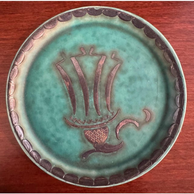 Metal Mid 20th Century Swedish Gustavsberg Argenta Art Pottery Coasters, Set of 5, Turquoise Glazed With Silver Floral Motifs For Sale - Image 7 of 8