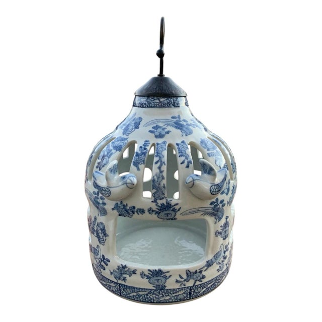 Chinoiserie Large Blue & White Chinoiserie Ceramic Birdcage Sculpture With Perched Birds For Sale - Image 3 of 10