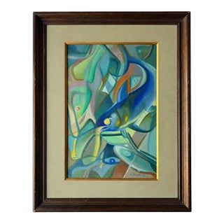 Vintage Brazilian Abstract Fish Oil on Canvas Painting, Signed Claudia E., Framed For Sale