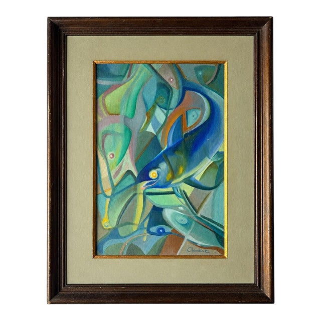 Vintage Brazilian Abstract Fish Oil on Canvas Painting, Signed Claudia E., Framed For Sale