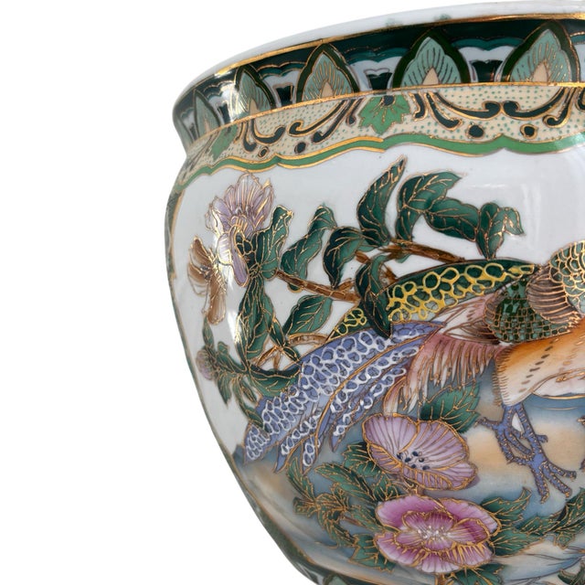 Vintage Chinese Green White Bird Motif Fish Bowl Porcelain Planter Garden Pot For Sale In Chicago - Image 6 of 10