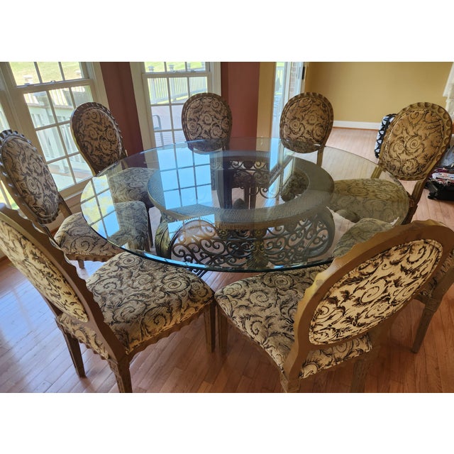 Custom Round Glass Dining Table With Eight Matching Chairs For Sale - Image 4 of 10