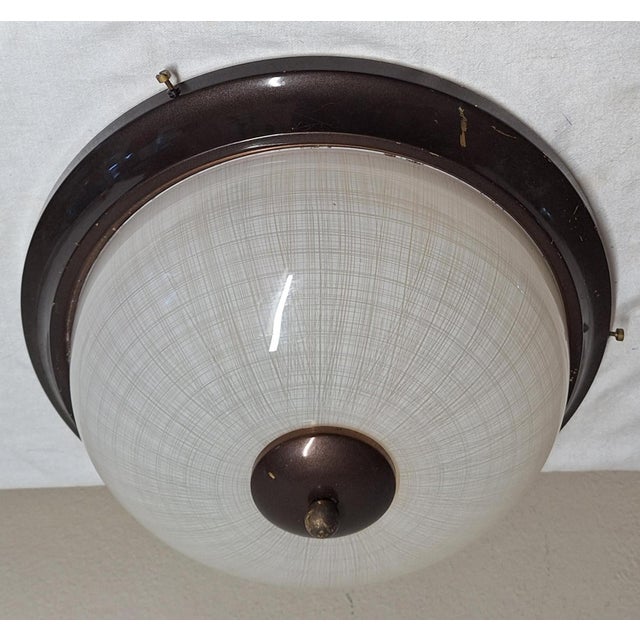 Flat Vintage Ceiling Lamp with White Patterned Glass Shade on Patinated Brass Mount, 1970s For Sale - Image 4 of 9