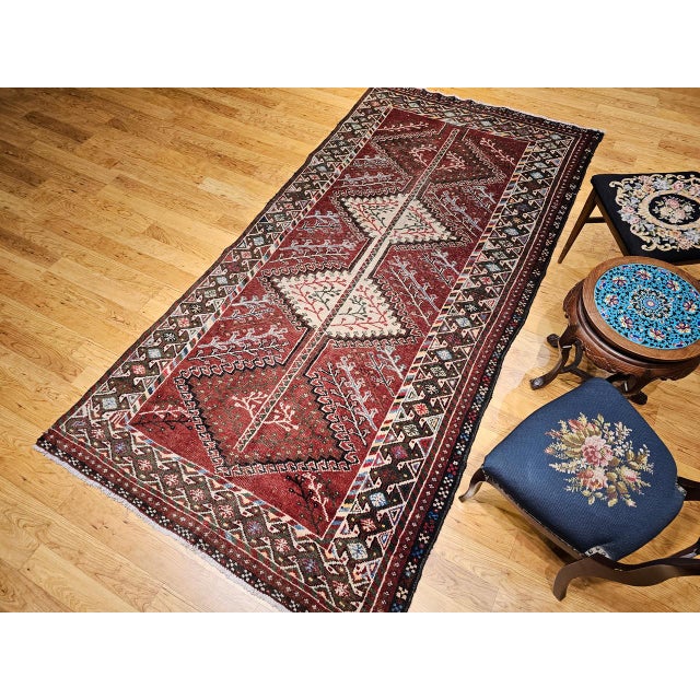 Vintage Shiraz Tribal Area Rug, Hand-Knotted Wool, Geometric Pattern, Burgundy & Ivory, 5x10 For Sale - Image 9 of 18