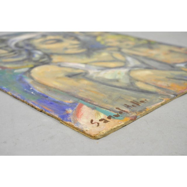 Tan Vintage Samuel Heller "Family Portrait With Child" Oil on Board Painting, Signed For Sale - Image 8 of 10