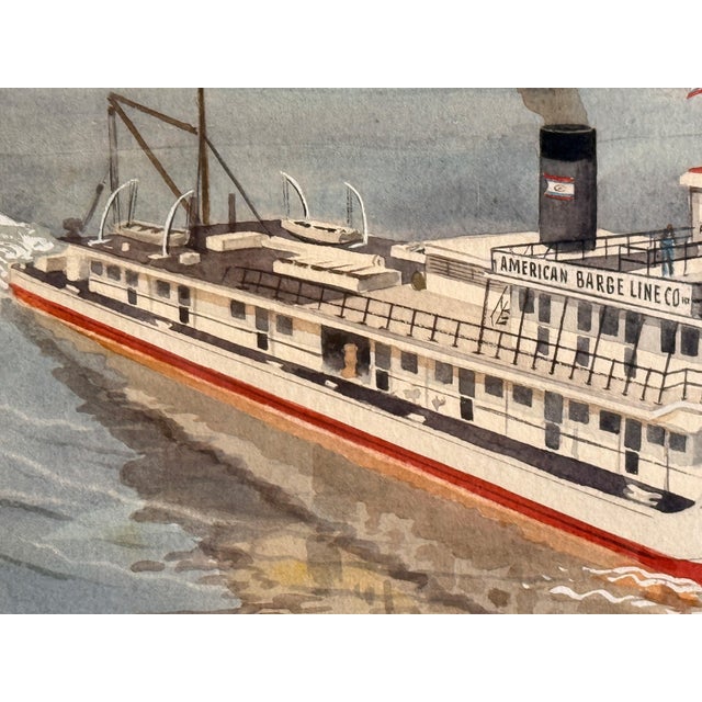 1950s Robert Wathen Watercolor and Gouache Painting of Steam Boat "Allen B. Wood" American Barge Line Co. For Sale - Image 5 of 9