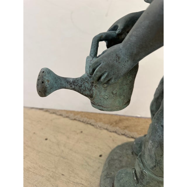 Green Vintage Bronze Garden Statue Fountain of Young Girl With Watering Can For Sale - Image 8 of 11