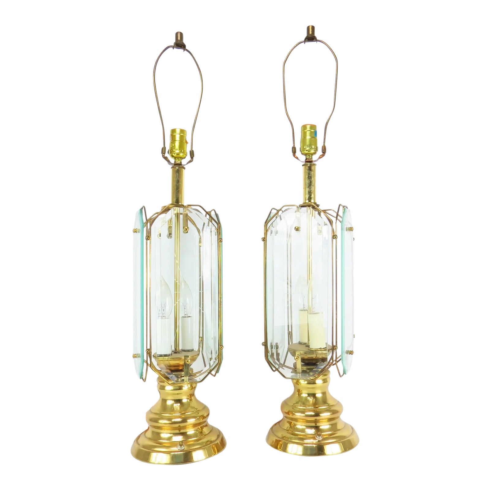 Vintage Mid Century Brass and Beveled Etched Glass Table Lamps a Pair