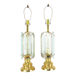 Vintage Mid Century Brass and Beveled Etched Glass Table Lamps - a Pair