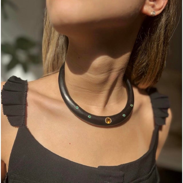 Modern Wood Necklace With Citrine, Emeralds & 14k Gold For Sale - Image 3 of 8