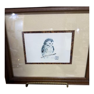 Vintage Framed Owl Ink Wash Print by Nancy Anstedt ("Fortunato") For Sale