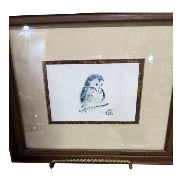 Vintage Framed Owl Ink Wash Print by Nancy Anstedt ("Fortunato") For Sale