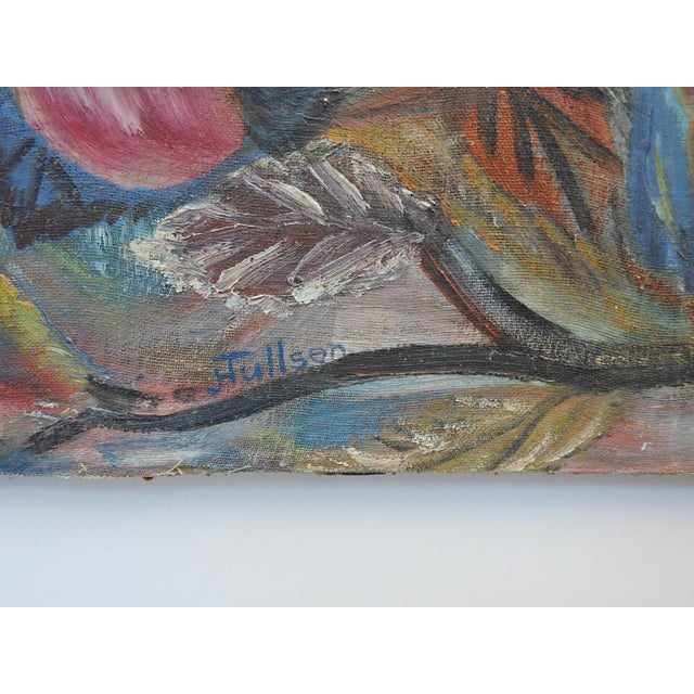 1947 oil on board folk art painting of calf in garden by Juna Tullsen (20th century) Ohio. Signed lower center, exibition...