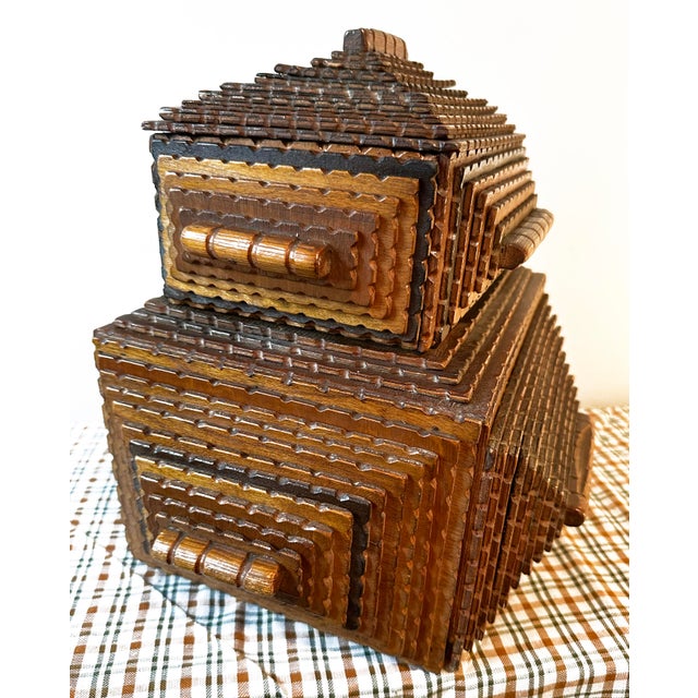 Wood Early 20th Century Tramp Art Box With Hinged Lid and Pull-Out Drawer For Sale - Image 7 of 10