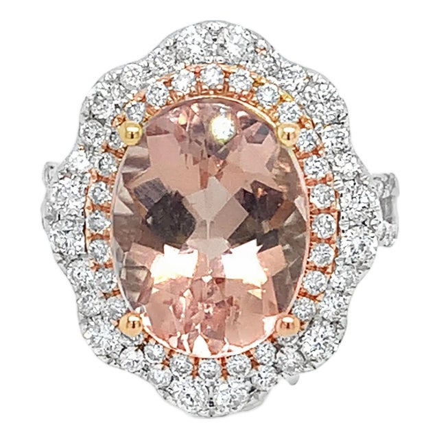 Elegant Morganite & Diamond Halo Ring – Vintage-Inspired Luxury, Size 6.25 For Sale