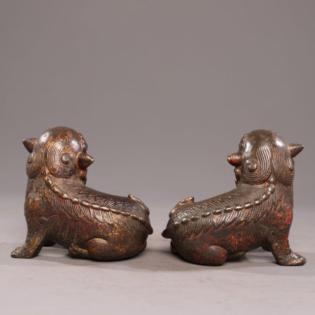 Late 19th Century Pair of Antique Gilt Bronze Pixiu Statues, Mythical Beast Figures, 1.37kg For Sale - Image 5 of 9