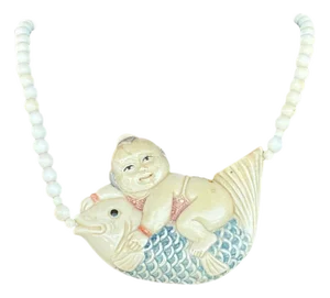 Vintage Beaded Bone Scrimshaw Necklace