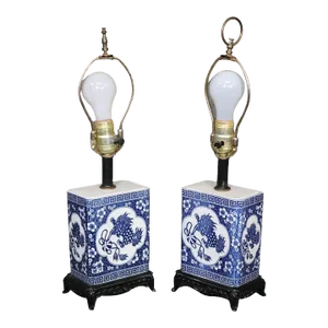 Decorative Chinese Flying Foo Dogs Carved Wooden Base Table Lamps - A Pair