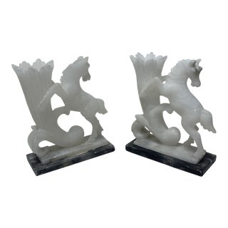 Horse Cornucopia Sculpture Hand Carved Alabaster Bookends - a Pair For Sale