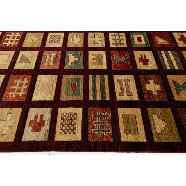 Modern Geometric Grid Hand-Knotted Wool Area Rug in Deep Burgundy & Earth Tones For Sale In New York - Image 6 of 12