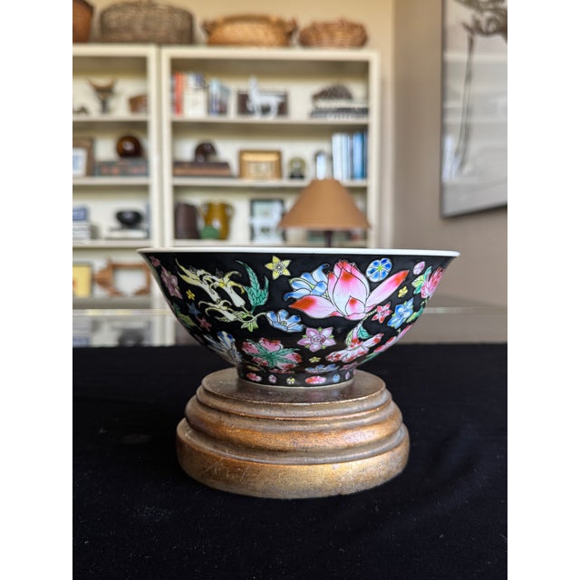 Black 1960s Large Famille Noire Style Chinese Porcelain Bowls, Black Ground Floral - Set of 4 For Sale - Image 8 of 16