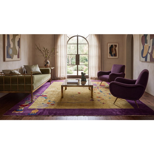 An exquisite example of early 20th-century craftsmanship, this antique Chinese Art Deco wool rug showcases a striking,...