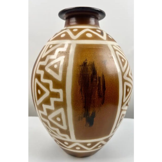 Ceramic Studio Pottery Brown & Off White Vase W Tribal-Inspired Geometric Motifs Signed For Sale - Image 7 of 13