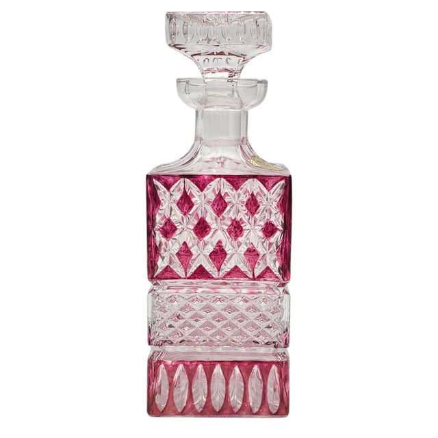 1960s West German a & H Cranberry Cut-to-Clear Lead Crystal Whiskey Decanter 9" For Sale - Image 5 of 15