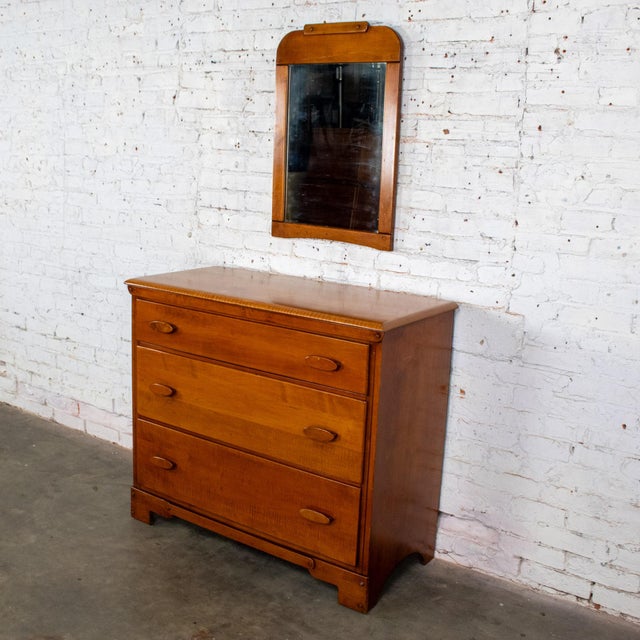 Mid 20th Century 1930s to 1950s Transitional Solid Maple Gentleman’s Chest With Hand Carved Pulls and Wall Mirror For Sale - Image 5 of 18