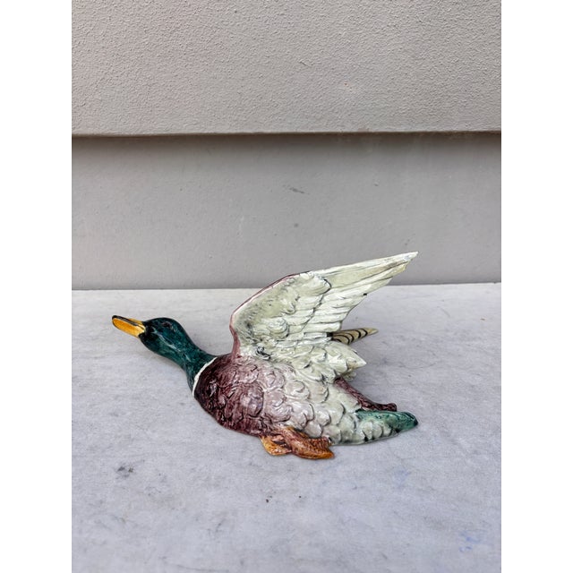 French Majolica duck in flight wall pocket Delphin Massier, circa 1890. Height / 7 inches. Lenght / 12 inches. Depth / 5...