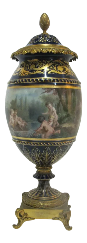 Painted Cherubs Antique Cobalt Bleu De Roi Gilt Metal French Lidded Urn