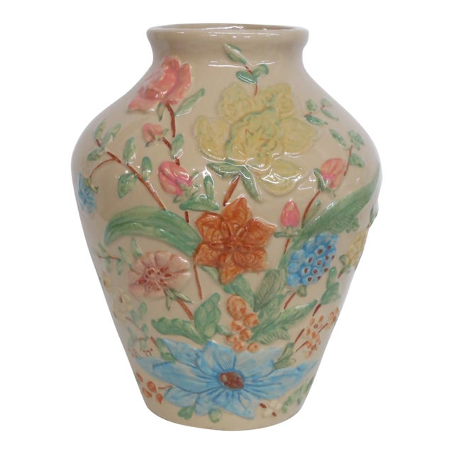 RRP Co Roseville Lucia Vase Tall Ceramic Raised Floral Motif Cream Color 4527b For Sale