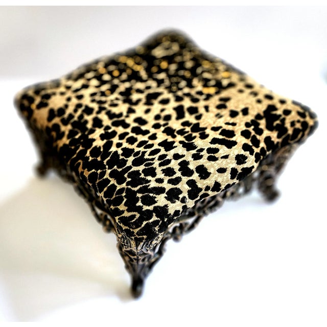 Antique Heavy Gilded Cast Iron Footstool With Cheetah Fabric For Sale - Image 4 of 5