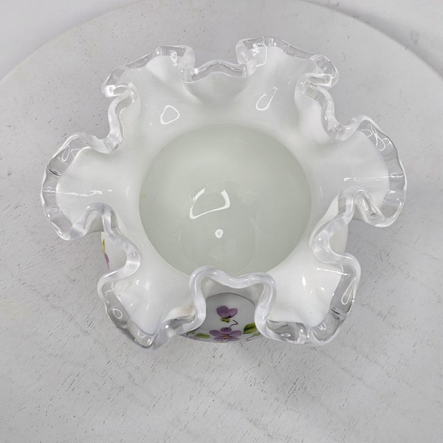 Traditional Vintage Fenton Violets in the Snow Double Crimped Vase Rose Bowl For Sale - Image 3 of 8