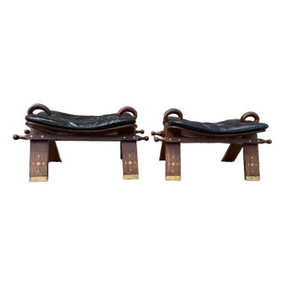 Pair of Vintage Vinyl Seat Brass Inlaid Camel Saddle Stools For Sale